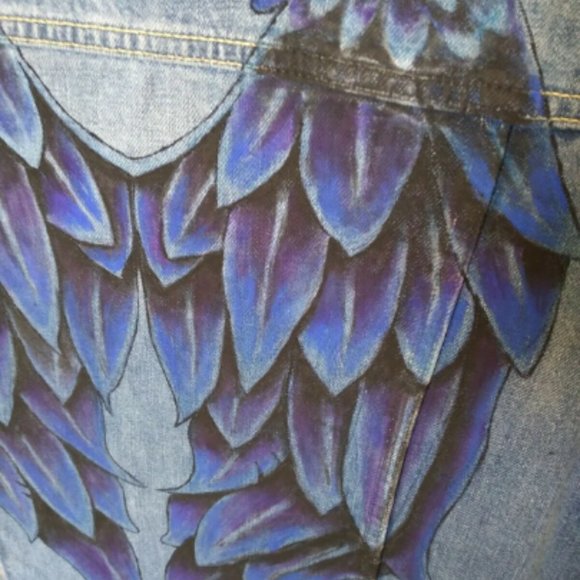 Angel Wings Hand Painted Jean Jacket Size Large Sleeveless Painted With Acrylic - Picture 2 of 5